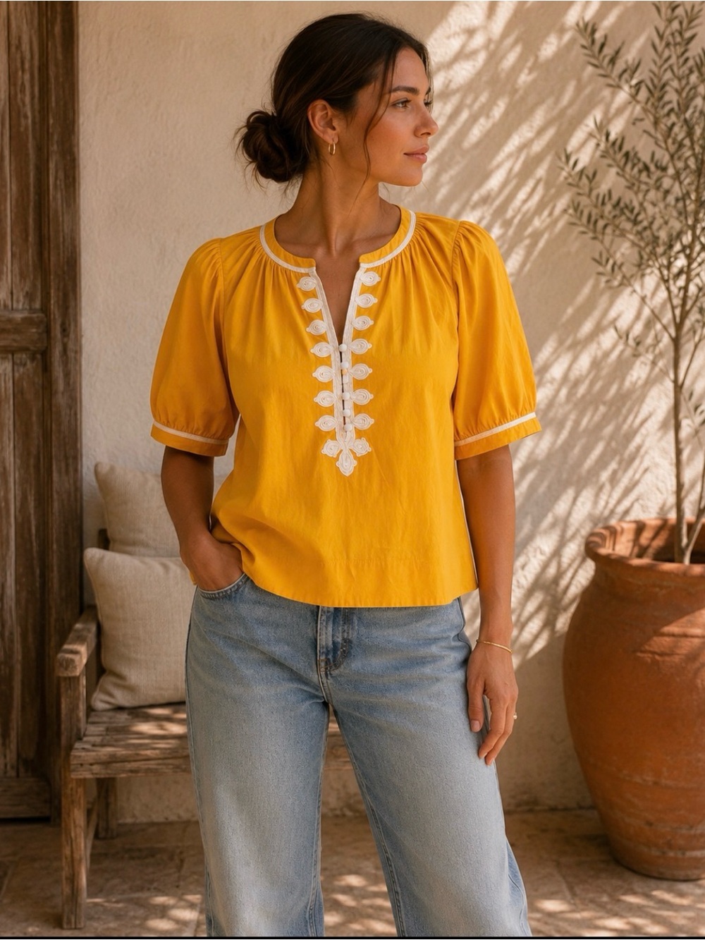 Yellow Embroidered Puff-Sleeve Women's Blouse
